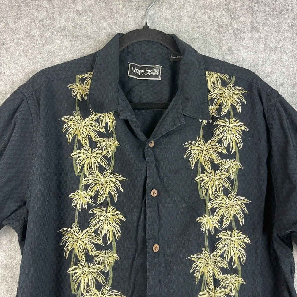 OP Ocean Pacific Hawaiian Shirt Mens Large Black Tropical Print Button Up Aloha - Picture 3 of 12